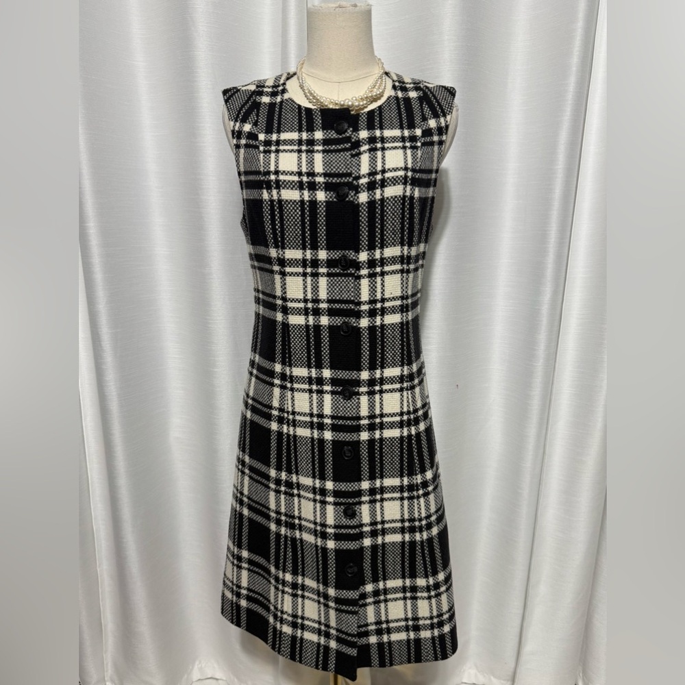 Pendleton Vintage 100% Virgin Wool Black White Plaid Sleeveless Sheath Dress